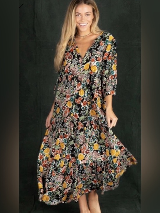 NATURAL LIFE Dresses & Skirts - NATURAL LIFE Black Maxi Dress with Yellow & Pink Floral Print